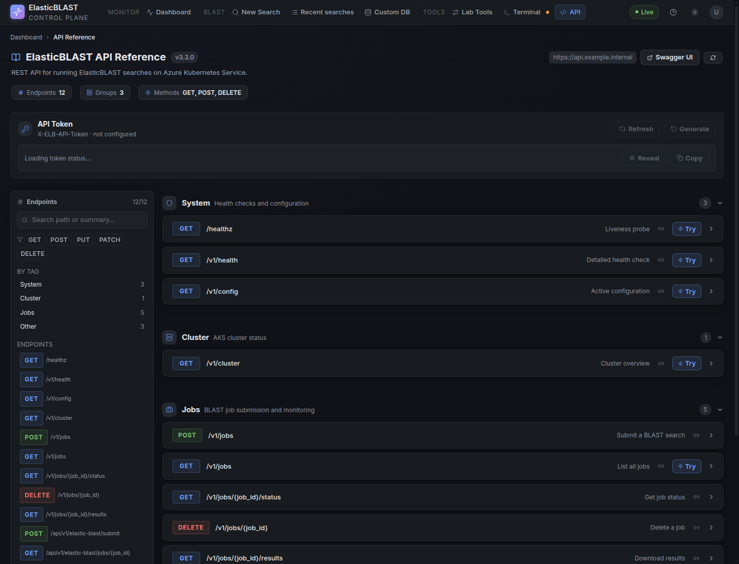 API Reference page with endpoint groups and API menu selected