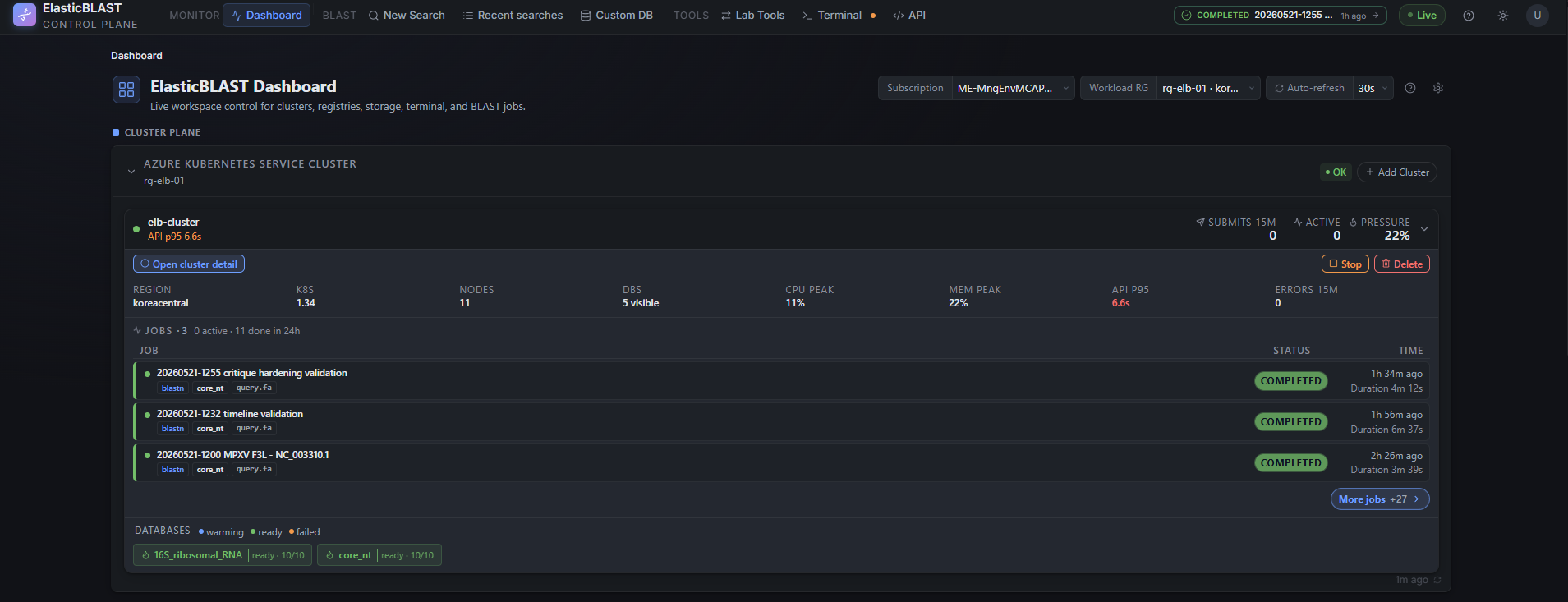 Dashboard cluster plane with AKS status, recent BLAST jobs, and database readiness