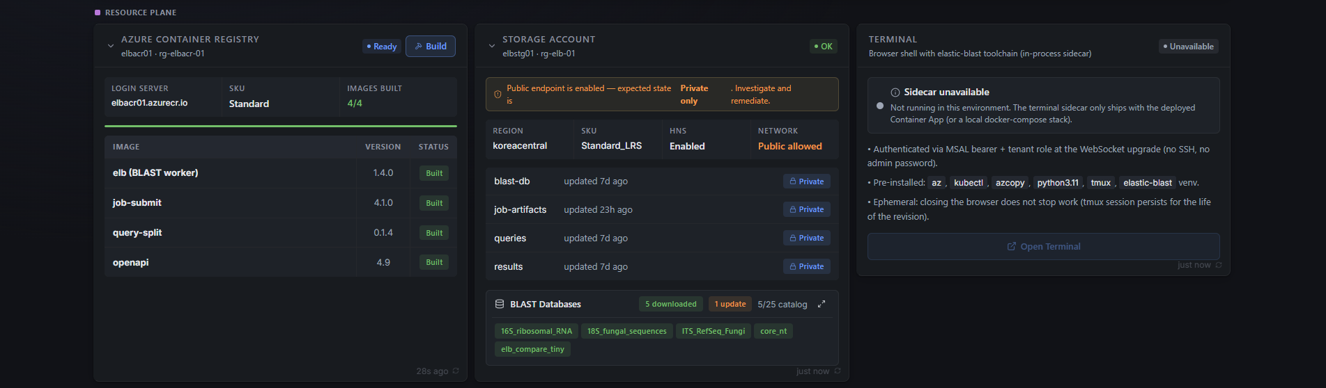 Dashboard resource plane with Azure Container Registry, Storage Account, and terminal status
