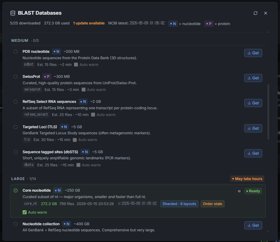 BLAST Databases dialog showing available NCBI databases, Get actions, prepared Core nucleotide shards, and Auto warm
