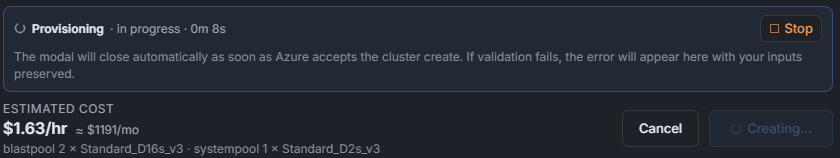 Modal footer showing Provisioning in progress 0m 8s with a Stop button, ESTIMATED COST $1.63/hr, and a Creating... button in place of the Create Cluster button