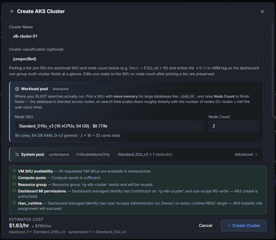 Create AKS Cluster dialog with cluster name elb-cluster-01, Workload pool Standard_D16s_v3 x 2, System pool defaults, and five green pre-flight checks (VM SKU, Compute quota, Resource group, Dashboard MI permissions, rbac_runtime); estimated cost $1.63/hr