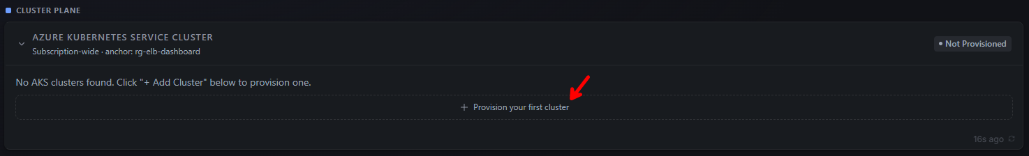 Cluster Plane card with a red arrow pointing at the "+ Provision your first cluster" button