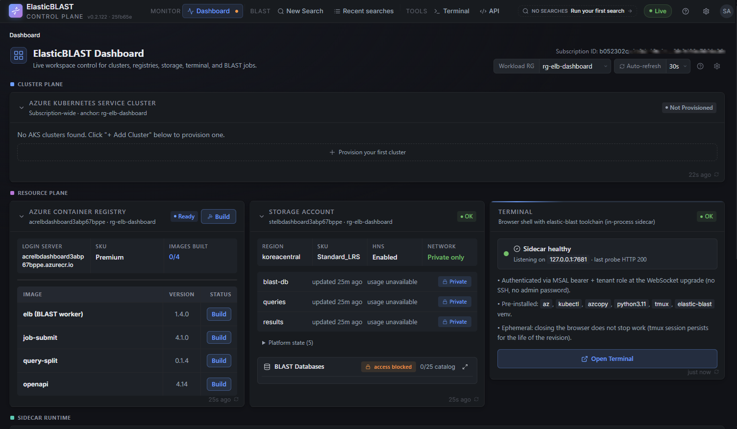 Dashboard right after first sign-in: Cluster Plane Not Provisioned, ACR Ready with 0/4 images built, Storage Account OK with private blast-db / queries / results containers, Terminal sidecar healthy