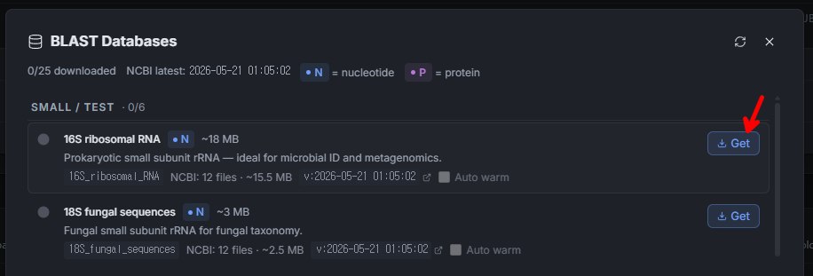 BLAST Databases dialog showing "0/25 downloaded", NCBI latest timestamp, Small / Test category with 16S ribosomal RNA (~18 MB) and 18S fungal sequences (~3 MB); a red arrow points at the Get action on the 16S row