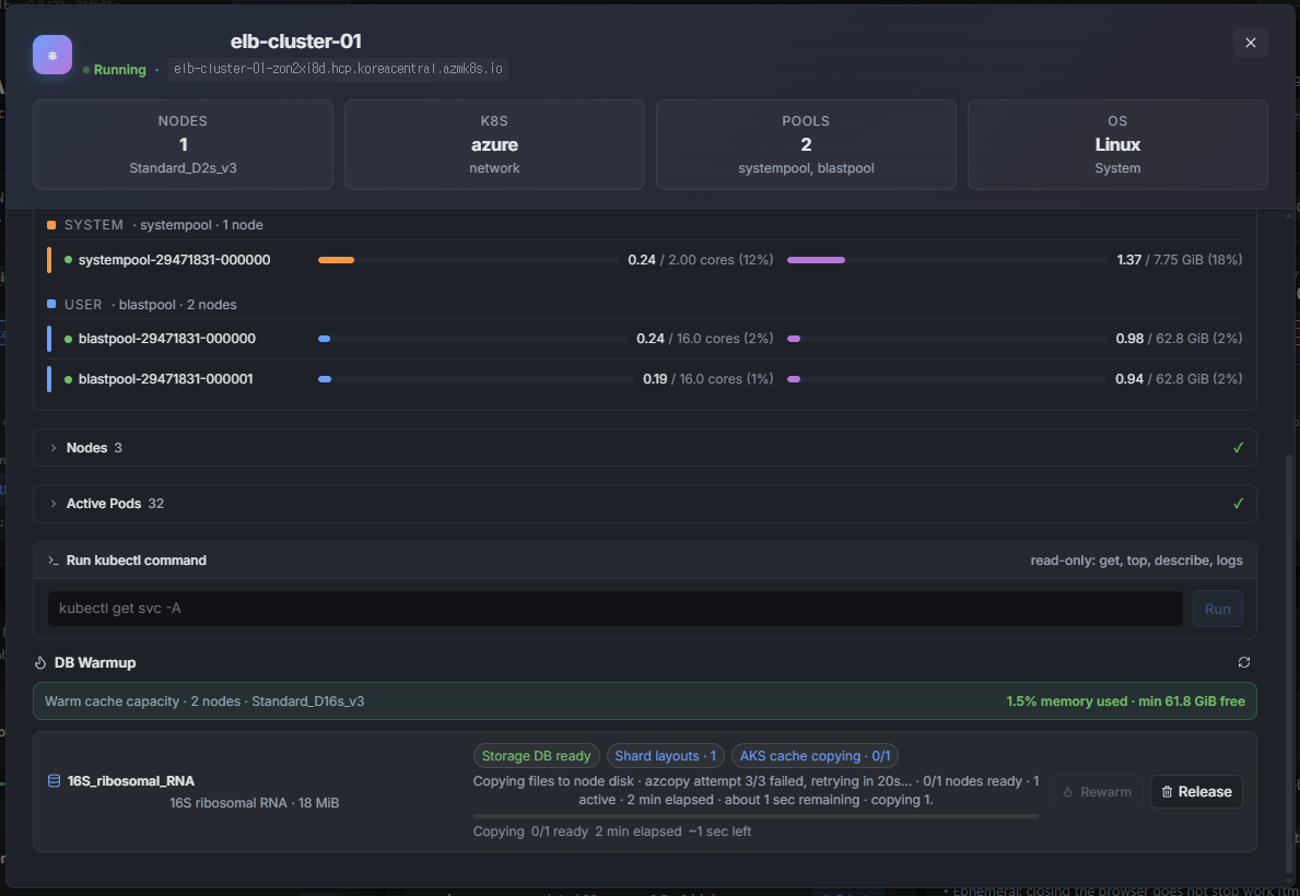 Cluster detail modal for elb-cluster-01: 1 node Standard_D2s_v3, azure CNI, 2 pools (systempool, blastpool), Linux OS; per-node CPU/MEM bars; Nodes 3 and Active Pods 32 collapsed sections; read-only kubectl input "kubectl get svc -A"; DB Warmup panel showing 16S_ribosomal_RNA with Storage DB ready / Shard layouts · 1 / AKS cache copying · 0/1 chips, an azcopy retry message, and Rewarm / Release buttons