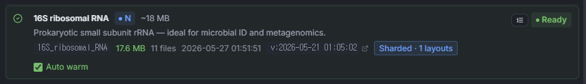 Single BLAST Databases row showing 16S ribosomal RNA marked Ready, 17.6 MB across 11 files, NCBI snapshot v:2026-05-21 01:05:02, Sharded · 1 layouts chip, and the Auto warm checkbox ticked