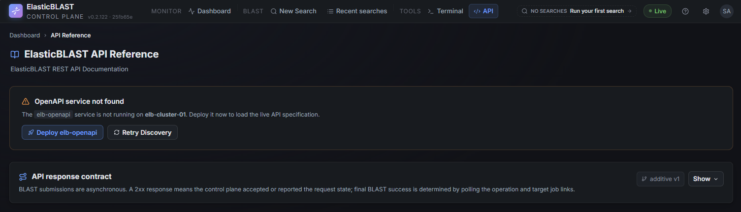 API Reference page showing the "OpenAPI service not found" banner: "The elb-openapi service is not running on elb-cluster-01. Deploy it now to load the live API specification." with Deploy elb-openapi (primary) and Retry Discovery (secondary) buttons, and an "API response contract · additive v1" panel below