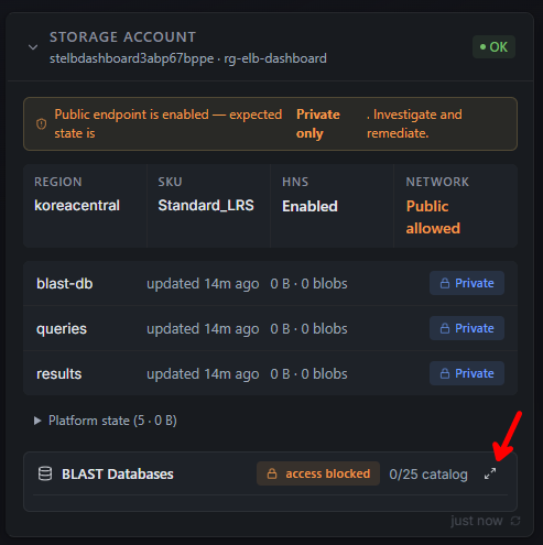 Storage Account card with Public-endpoint warning, three private containers (blast-db, queries, results), and a BLAST Databases row reading "access blocked · 0/25 catalog" with a red arrow pointing at the expand icon