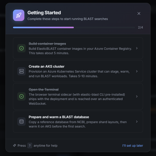 Getting Started dialog showing completed image and terminal checks, with AKS cluster and BLAST database preparation still pending