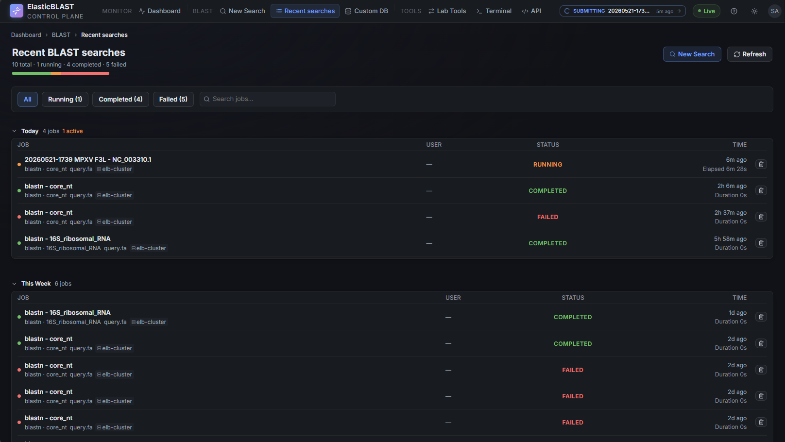 Recent searches desktop layout with header, filter bar, and grouped job list