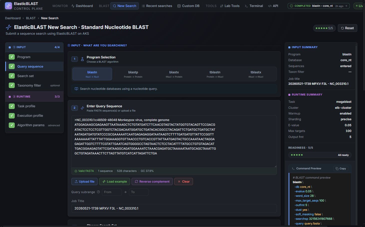 New Search desktop layout with stepper, sections, and submit footer