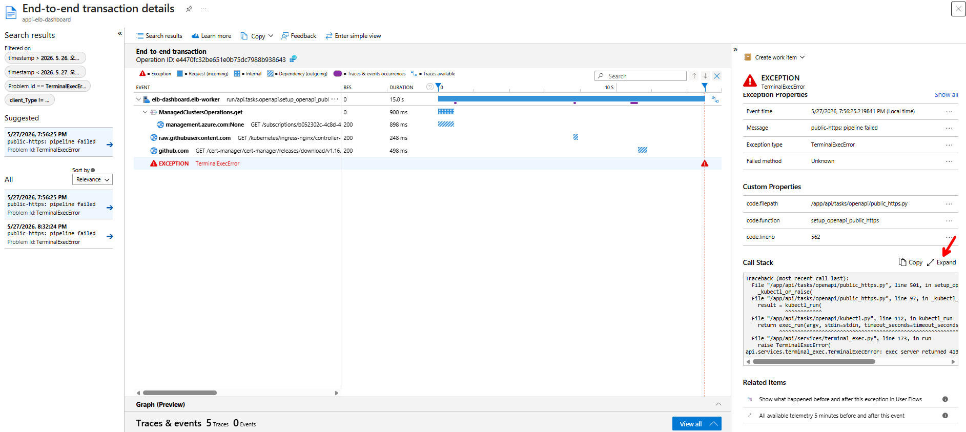 End-to-end transaction details for a TerminalExecError, showing the dependency timeline on the left and the Call Stack with code.filepath / code.function / code.lineno on the right