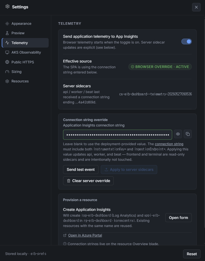 Settings → Telemetry panel with the App Insights toggle, connection string override, and Provision a resource form