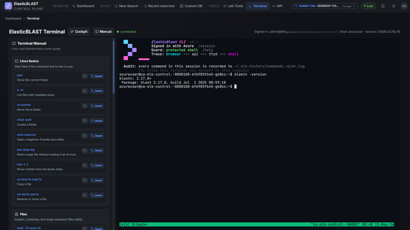 Browser terminal with cockpit side panel and connected xterm.js view